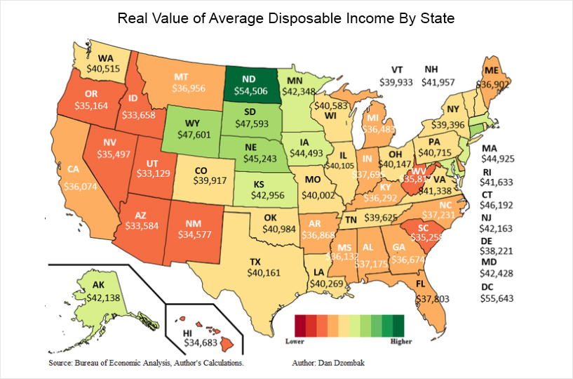 Keskimääräisen käytettävissä olevan tulon reaaliarvo osavaltioittain